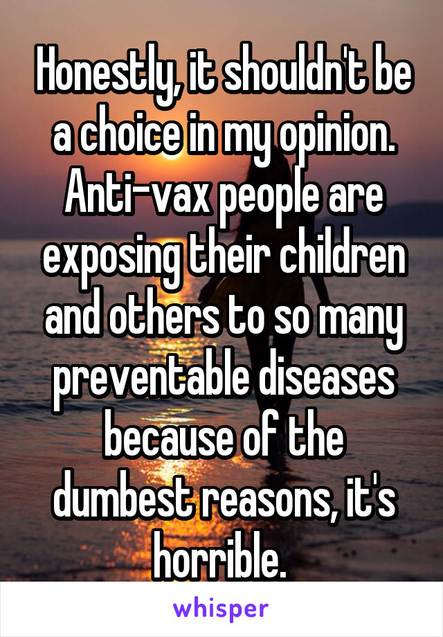 Honestly, it shouldn't be a choice in my opinion. Anti-vax people are exposing their children and others to so many preventable diseases because of the dumbest reasons, it's horrible. 