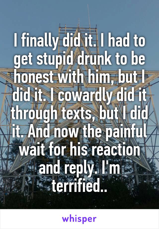 I finally did it. I had to get stupid drunk to be honest with him, but I did it. I cowardly did it through texts, but I did it. And now the painful wait for his reaction and reply. I'm terrified..