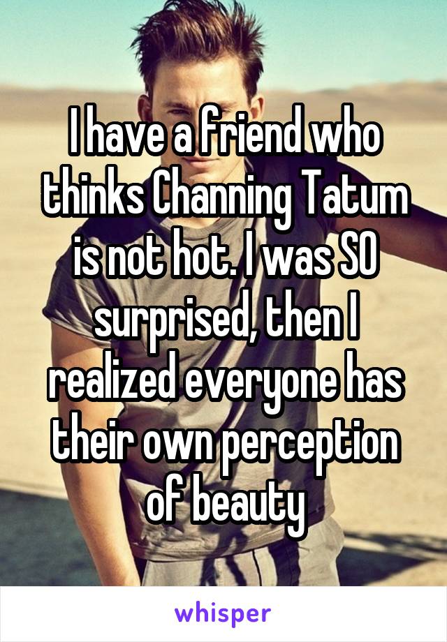 I have a friend who thinks Channing Tatum is not hot. I was SO surprised, then I realized everyone has their own perception of beauty