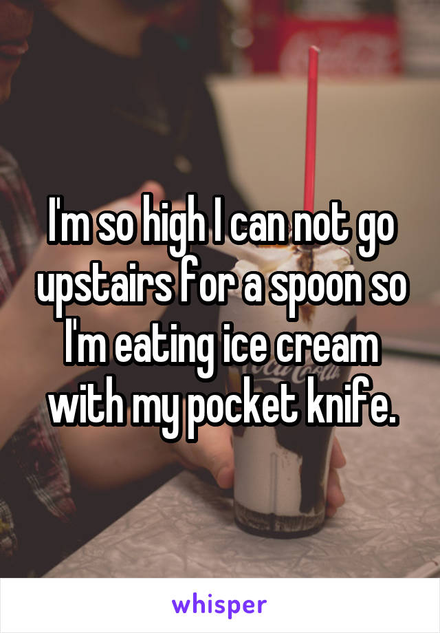 I'm so high I can not go upstairs for a spoon so I'm eating ice cream with my pocket knife.