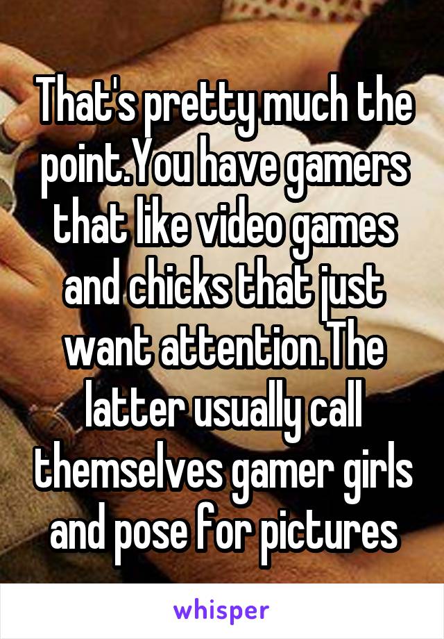 That's pretty much the point.You have gamers that like video games and chicks that just want attention.The latter usually call themselves gamer girls and pose for pictures