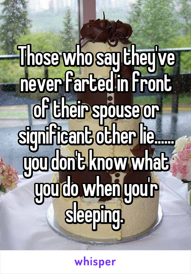 Those who say they've never farted in front of their spouse or significant other lie...... you don't know what you do when you'r sleeping. 