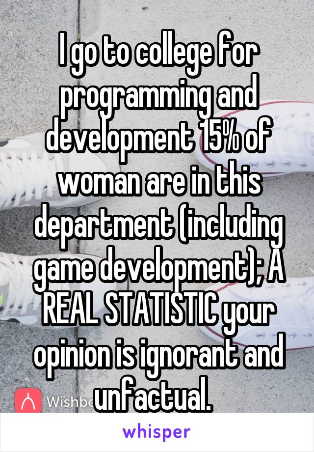 I go to college for programming and development 15% of woman are in this department (including game development); A REAL STATISTIC your opinion is ignorant and unfactual.  