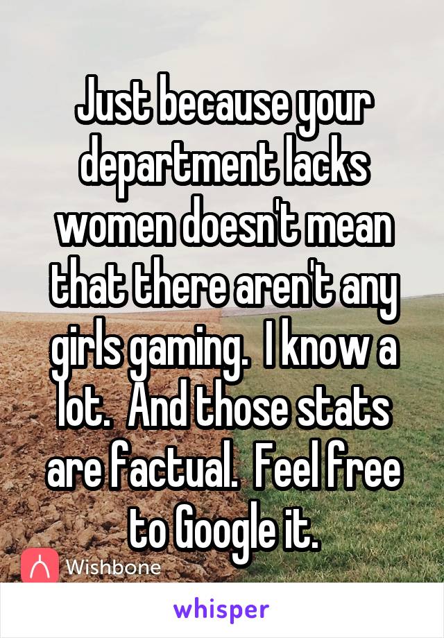 Just because your department lacks women doesn't mean that there aren't any girls gaming.  I know a lot.  And those stats are factual.  Feel free to Google it.