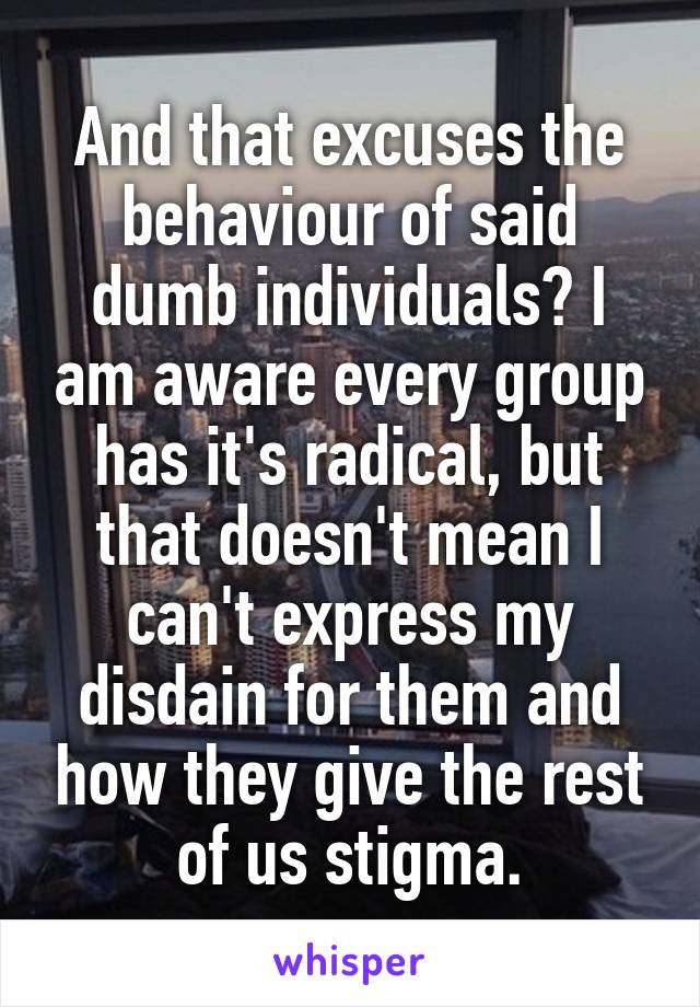 And that excuses the behaviour of said dumb individuals? I am aware every group has it's radical, but that doesn't mean I can't express my disdain for them and how they give the rest of us stigma.