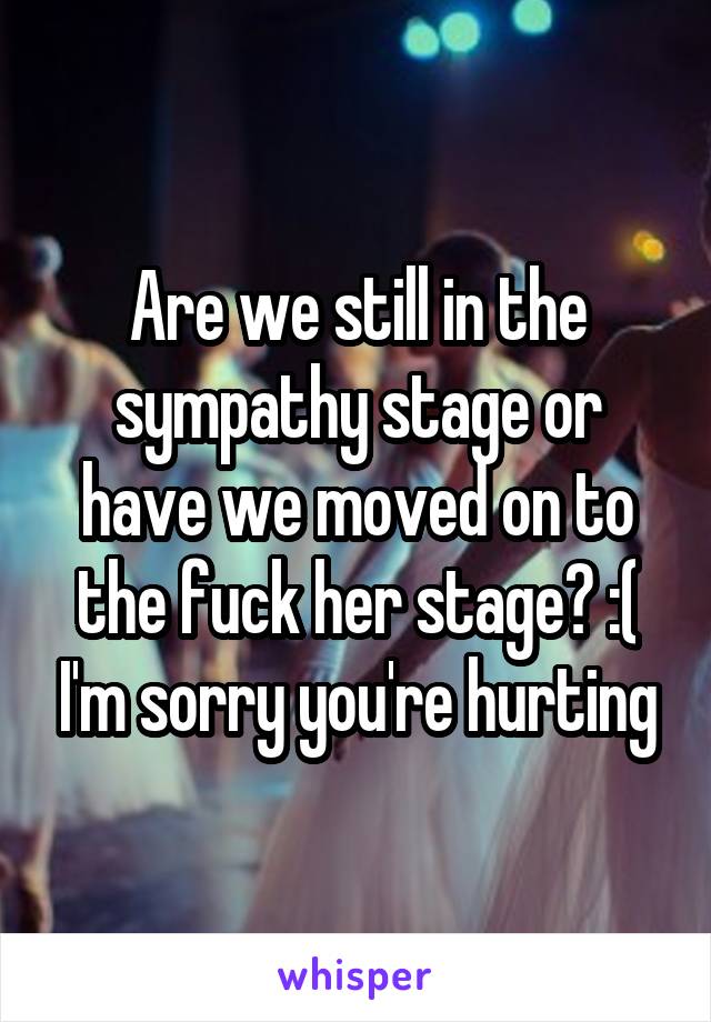 Are we still in the sympathy stage or have we moved on to the fuck her stage? :( I'm sorry you're hurting