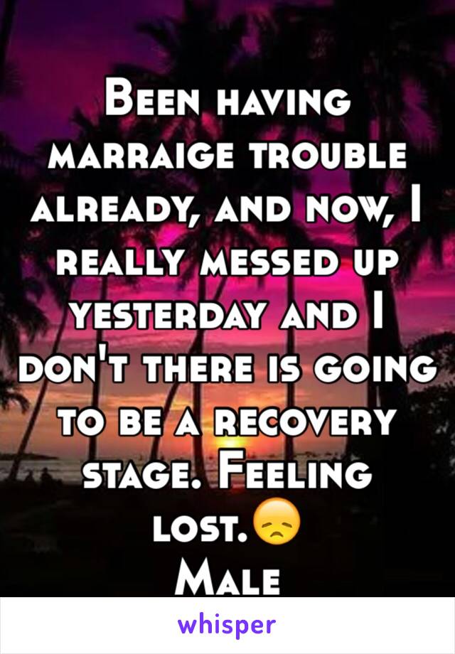 Been having marraige trouble already, and now, I really messed up yesterday and I don't there is going to be a recovery stage. Feeling lost.😞
Male