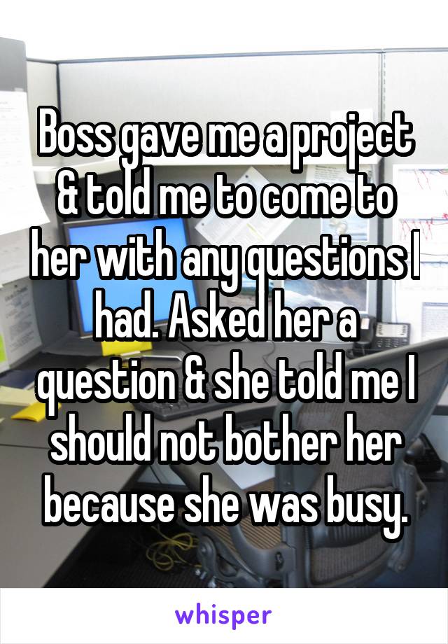 Boss gave me a project & told me to come to her with any questions I had. Asked her a question & she told me I should not bother her because she was busy.