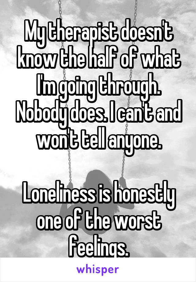 My therapist doesn't know the half of what I'm going through. Nobody does. I can't and won't tell anyone.

Loneliness is honestly one of the worst feelings.