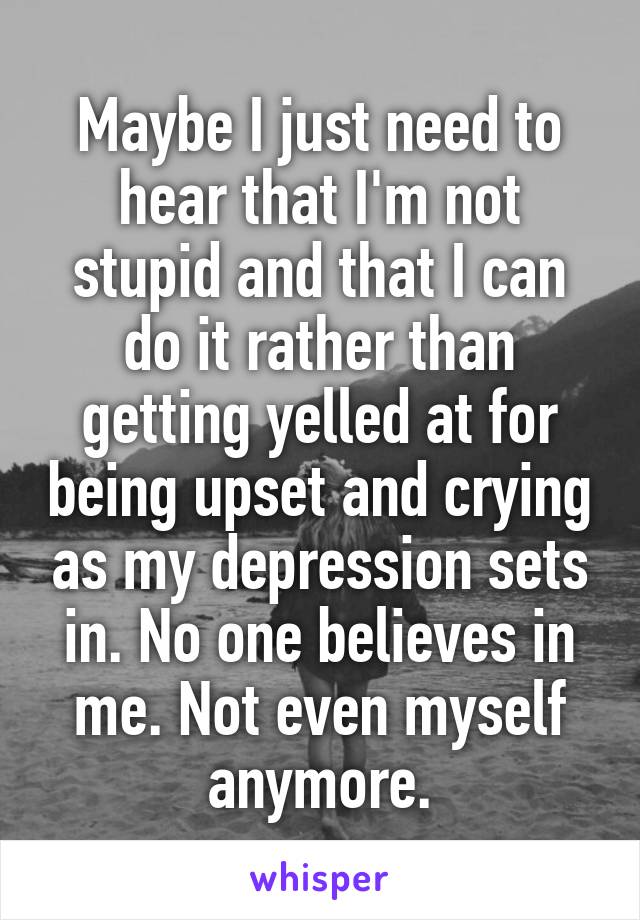 Maybe I just need to hear that I'm not stupid and that I can do it rather than getting yelled at for being upset and crying as my depression sets in. No one believes in me. Not even myself anymore.