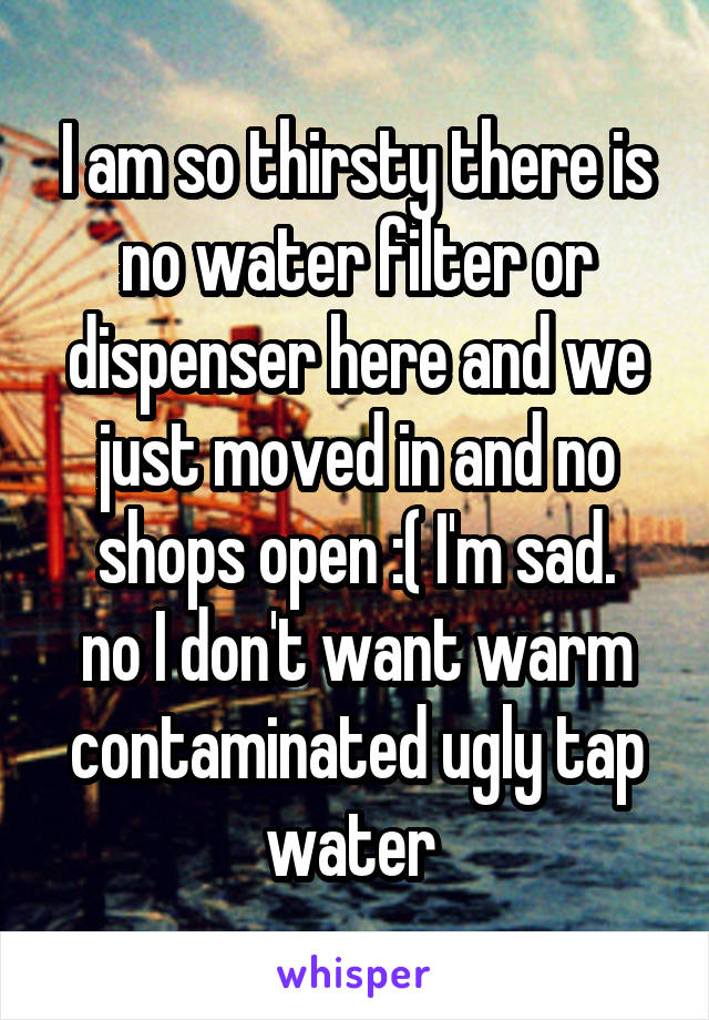 I am so thirsty there is no water filter or dispenser here and we just moved in and no shops open :( I'm sad.
no I don't want warm contaminated ugly tap water 