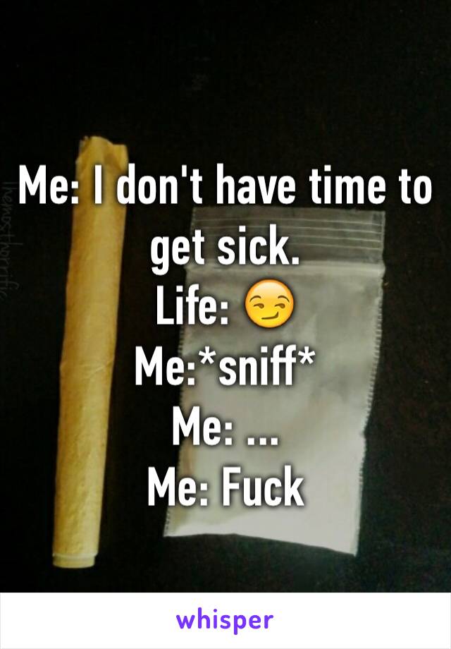 Me: I don't have time to get sick.
Life: 😏
Me:*sniff*
Me: ...
Me: Fuck