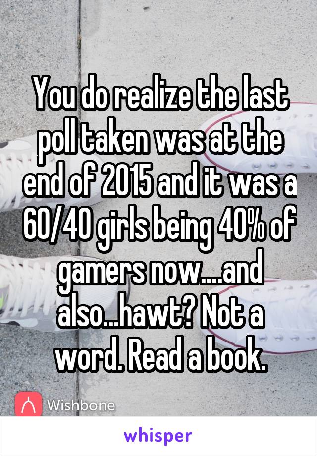 You do realize the last poll taken was at the end of 2015 and it was a 60/40 girls being 40% of gamers now....and also...hawt? Not a word. Read a book.