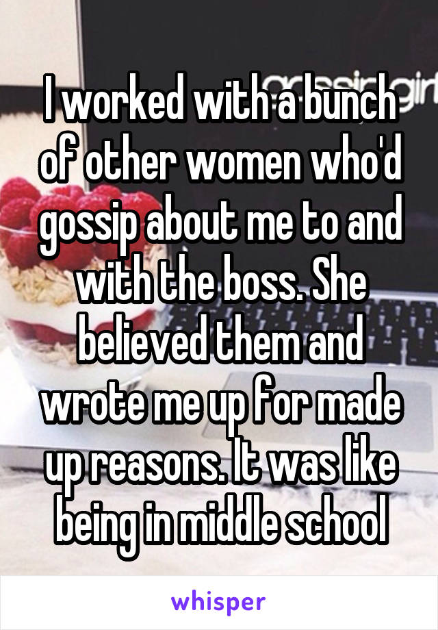 I worked with a bunch of other women who'd gossip about me to and with the boss. She believed them and wrote me up for made up reasons. It was like being in middle school