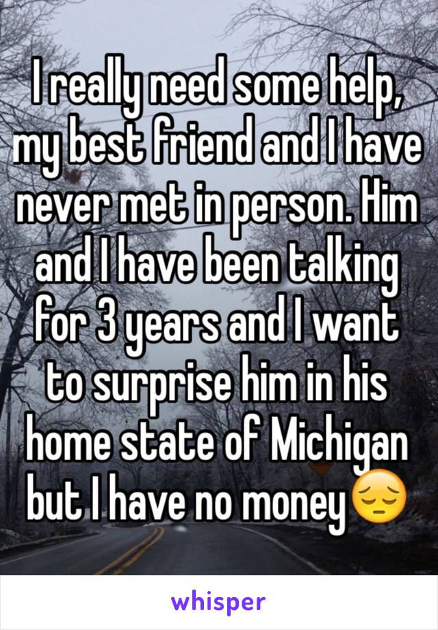 I really need some help, my best friend and I have never met in person. Him and I have been talking for 3 years and I want to surprise him in his home state of Michigan but I have no money😔 