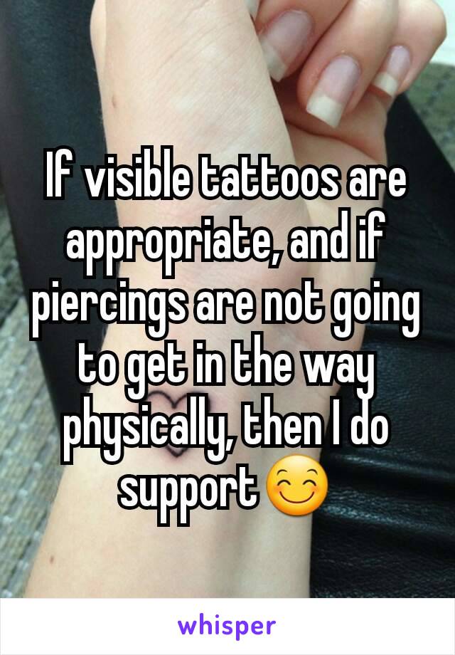 If visible tattoos are appropriate, and if piercings are not going to get in the way physically, then I do support😊