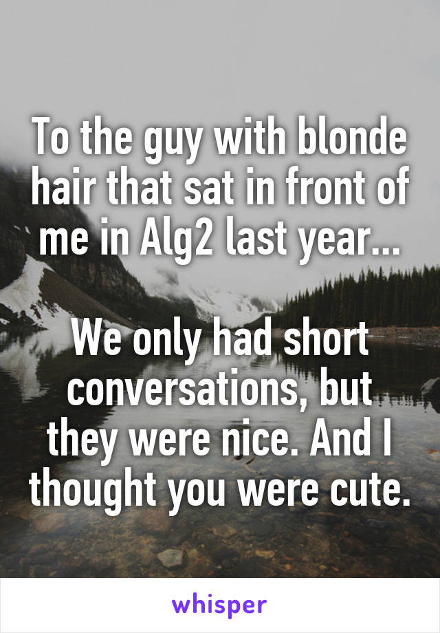 To the guy with blonde hair that sat in front of me in Alg2 last year...

We only had short conversations, but they were nice. And I thought you were cute.