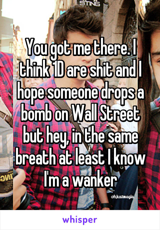 You got me there. I think 1D are shit and I hope someone drops a bomb on Wall Street but hey, in the same breath at least I know I'm a wanker