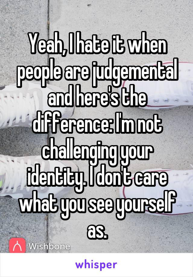 Yeah, I hate it when people are judgemental and here's the difference: I'm not challenging your identity. I don't care what you see yourself as.