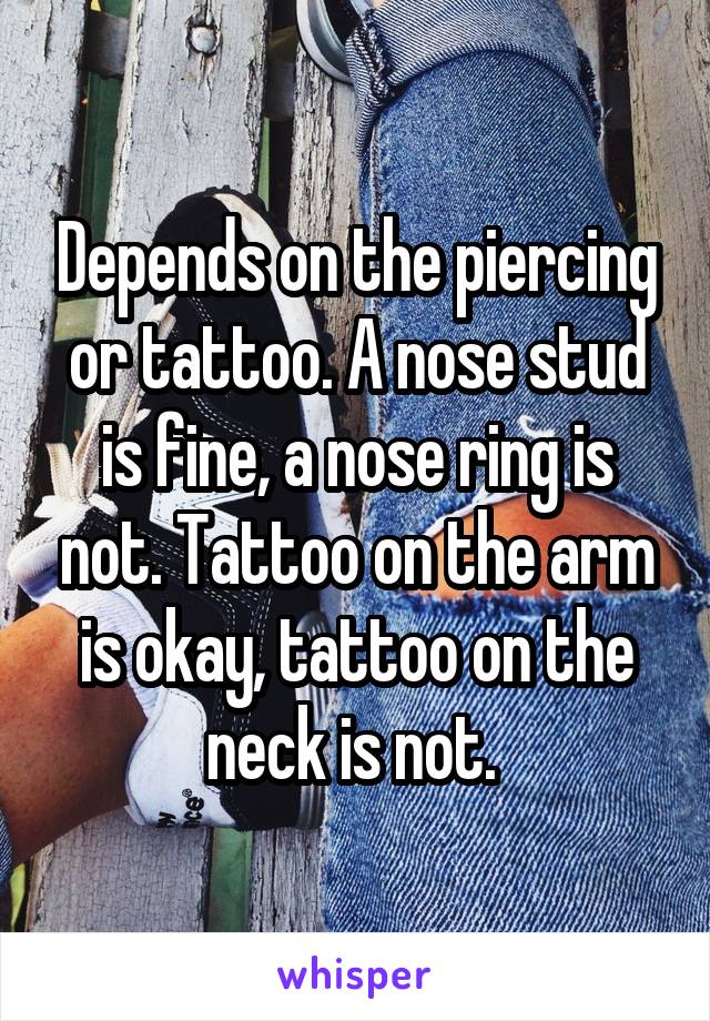 Depends on the piercing or tattoo. A nose stud is fine, a nose ring is not. Tattoo on the arm is okay, tattoo on the neck is not. 