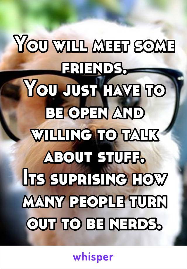 You will meet some friends.
You just have to be open and willing to talk about stuff.
Its suprising how many people turn out to be nerds.