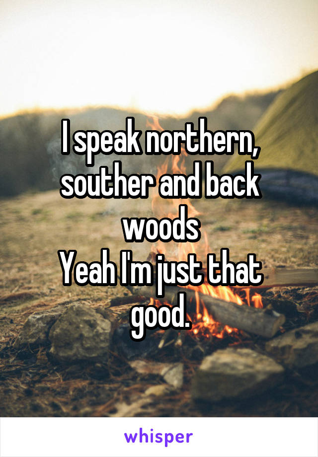 I speak northern, souther and back woods
Yeah I'm just that good.