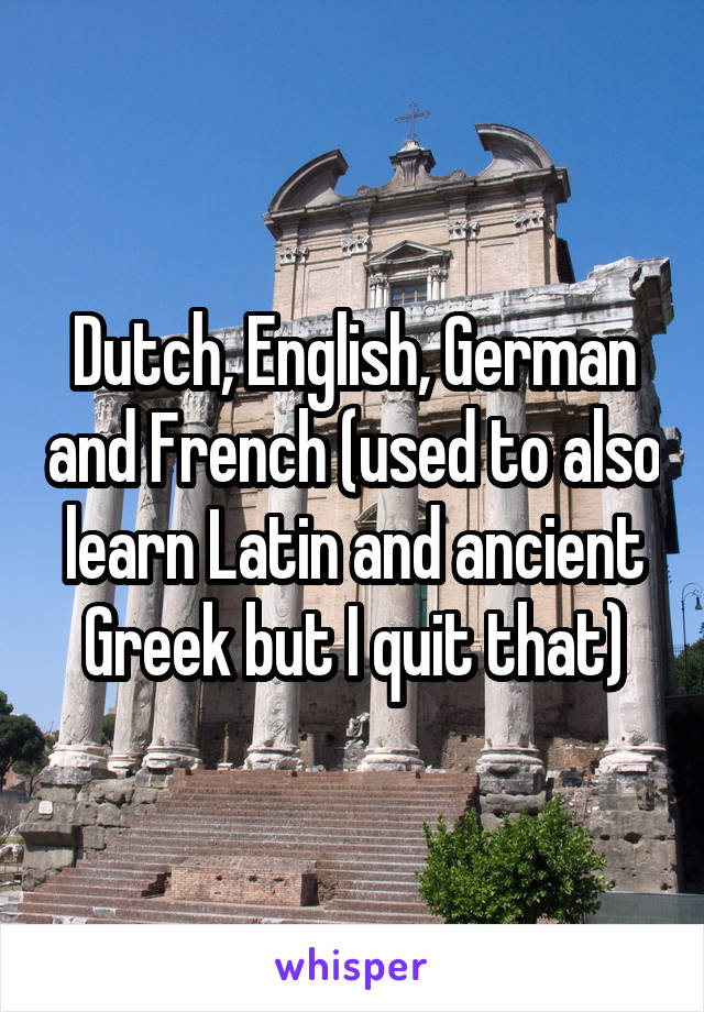 Dutch, English, German and French (used to also learn Latin and ancient Greek but I quit that)