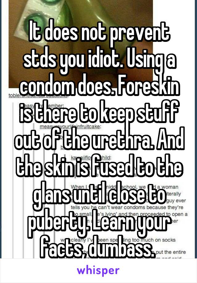 It does not prevent stds you idiot. Using a condom does. Foreskin is there to keep stuff out of the urethra. And the skin is fused to the glans until close to puberty. Learn your facts, dumbass. 