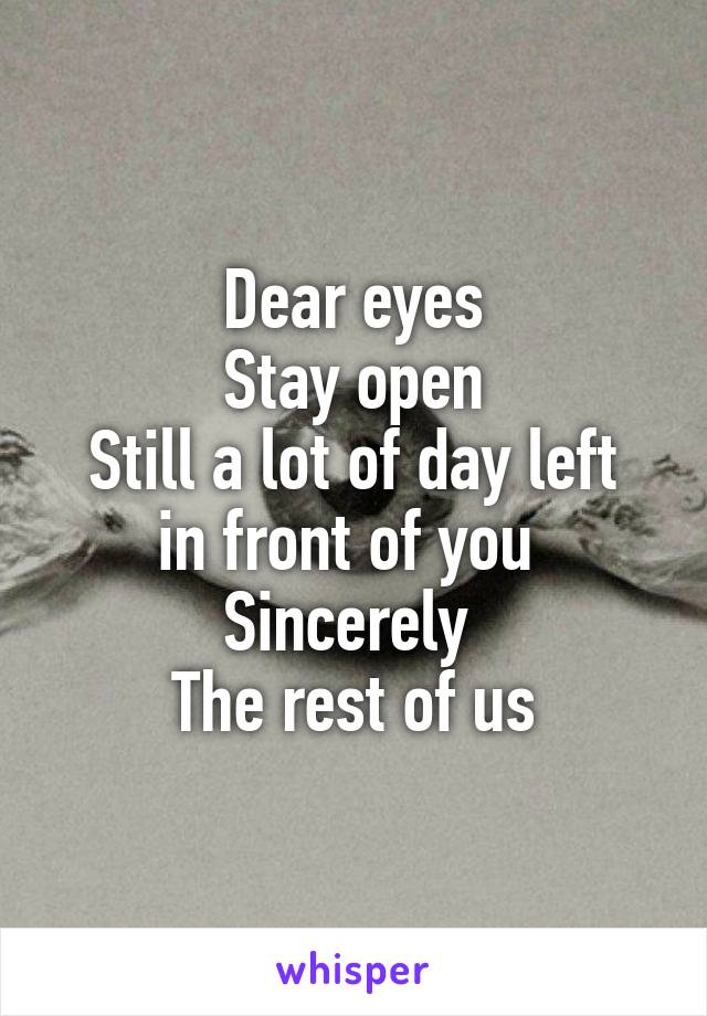Dear eyes
Stay open
Still a lot of day left in front of you 
Sincerely 
The rest of us
