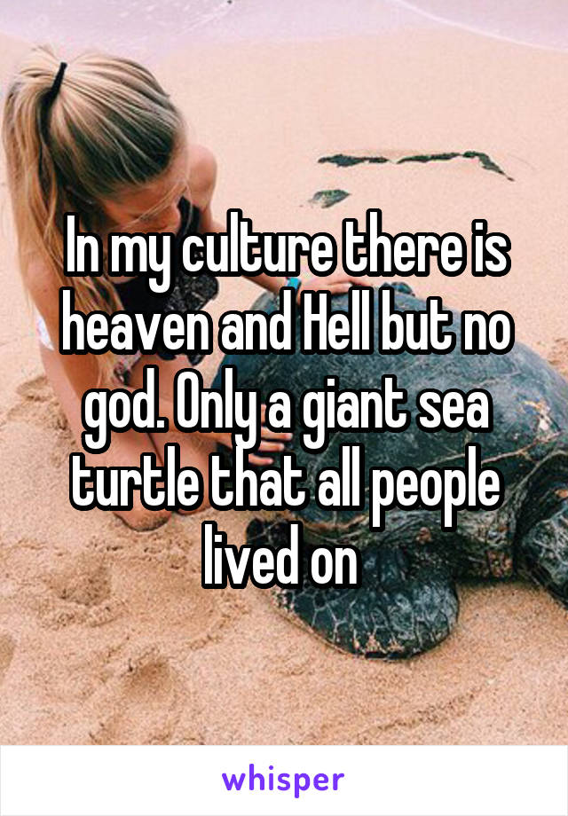 In my culture there is heaven and Hell but no god. Only a giant sea turtle that all people lived on 