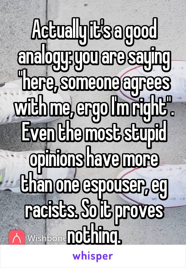 Actually it's a good analogy: you are saying "here, someone agrees with me, ergo I'm right". Even the most stupid opinions have more than one espouser, eg racists. So it proves nothing.