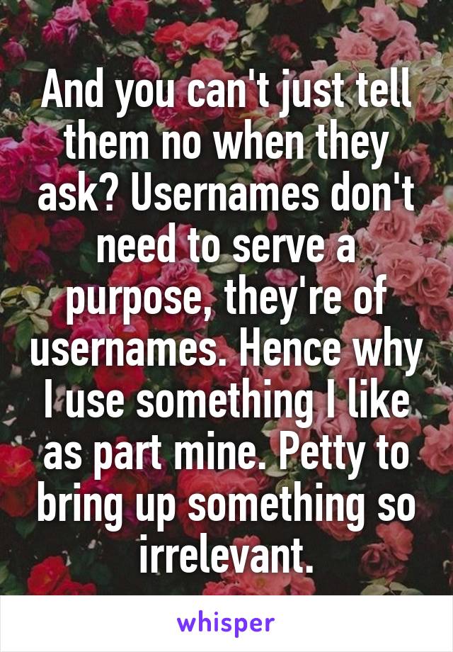 And you can't just tell them no when they ask? Usernames don't need to serve a purpose, they're of usernames. Hence why I use something I like as part mine. Petty to bring up something so irrelevant.