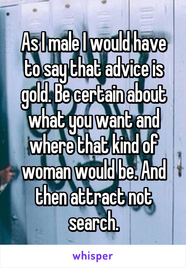 As I male I would have to say that advice is gold. Be certain about what you want and where that kind of woman would be. And then attract not search.