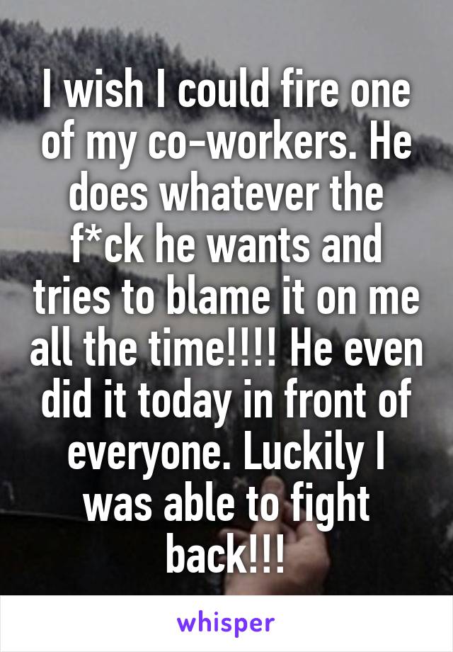 I wish I could fire one of my co-workers. He does whatever the f*ck he wants and tries to blame it on me all the time!!!! He even did it today in front of everyone. Luckily I was able to fight back!!!