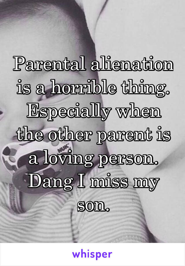 Parental alienation is a horrible thing. Especially when the other parent is a loving person. Dang I miss my son.