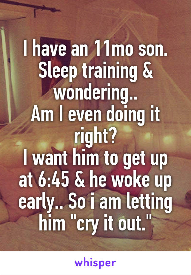 I have an 11mo son.
Sleep training & wondering..
Am I even doing it right?
I want him to get up at 6:45 & he woke up early.. So i am letting him "cry it out."