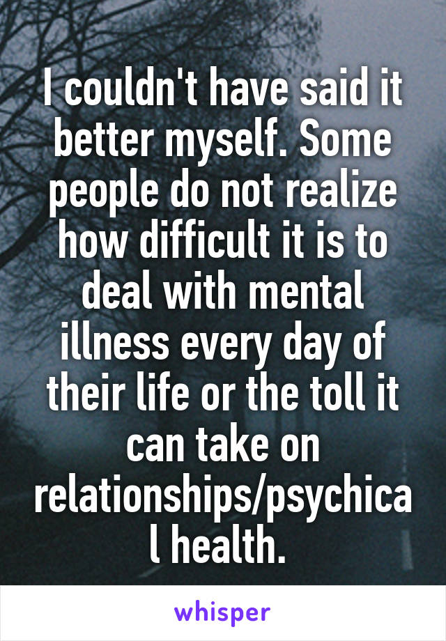 I couldn't have said it better myself. Some people do not realize how difficult it is to deal with mental illness every day of their life or the toll it can take on relationships/psychical health. 