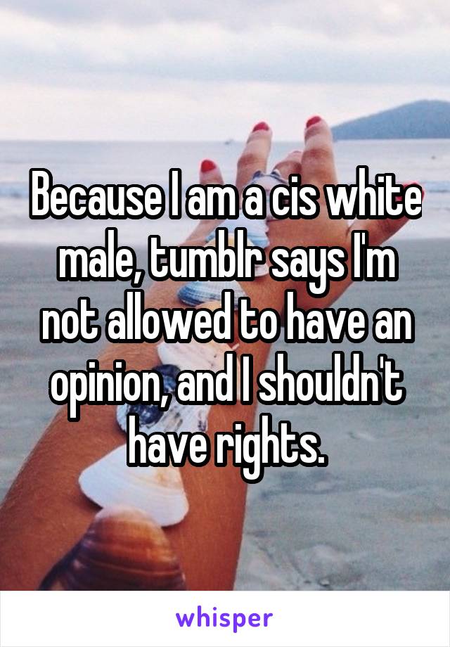 Because I am a cis white male, tumblr says I'm not allowed to have an opinion, and I shouldn't have rights.
