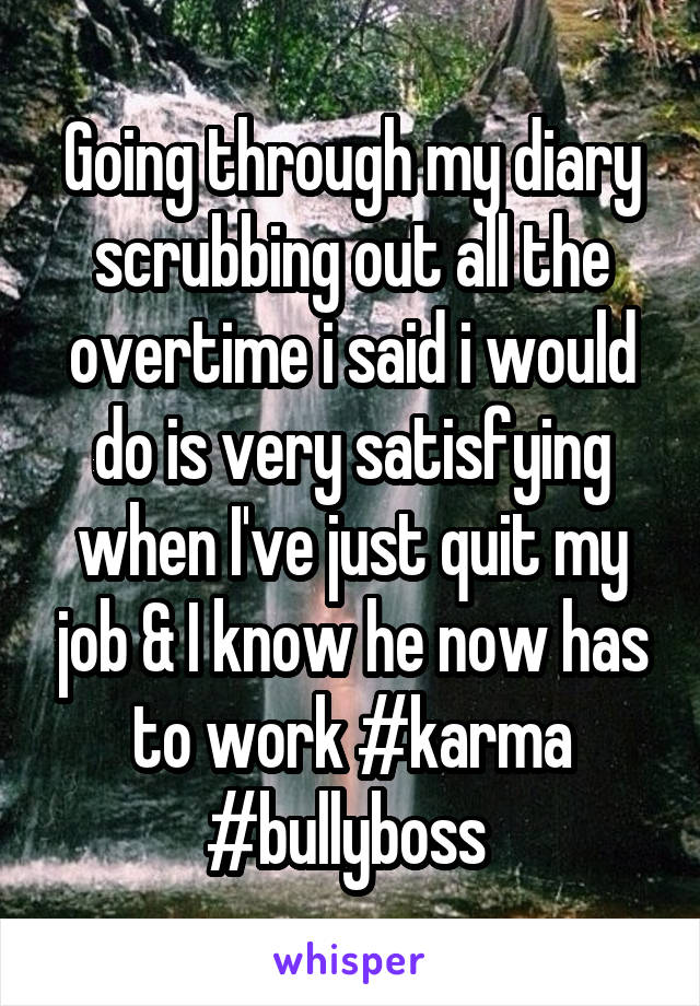 Going through my diary scrubbing out all the overtime i said i would do is very satisfying when I've just quit my job & I know he now has to work #karma #bullyboss 