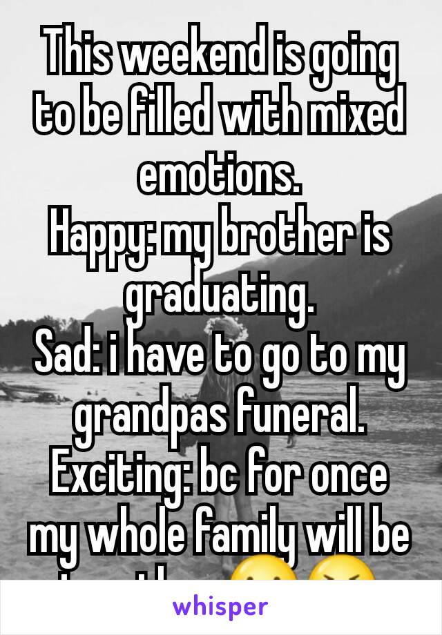 This weekend is going to be filled with mixed emotions.
Happy: my brother is graduating.
Sad: i have to go to my grandpas funeral.
Exciting: bc for once my whole family will be together ☺😭