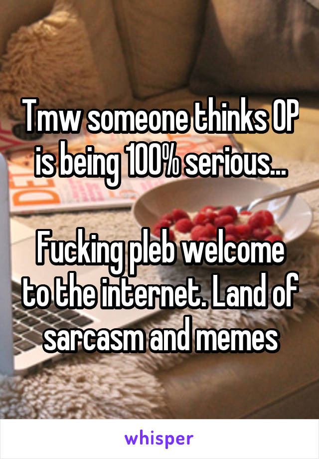 Tmw someone thinks OP is being 100% serious...

Fucking pleb welcome to the internet. Land of sarcasm and memes