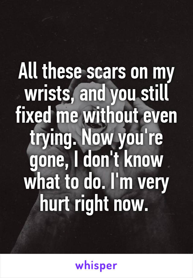 All these scars on my wrists, and you still fixed me without even trying. Now you're gone, I don't know what to do. I'm very hurt right now. 