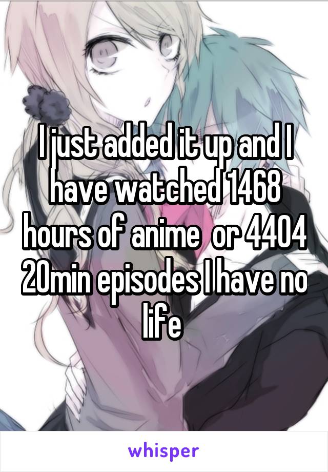 I just added it up and I have watched 1468 hours of anime  or 4404 20min episodes I have no life 