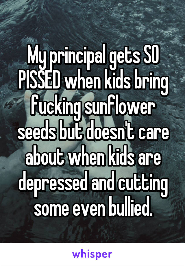 My principal gets SO PISSED when kids bring fucking sunflower seeds but doesn't care about when kids are depressed and cutting some even bullied.
