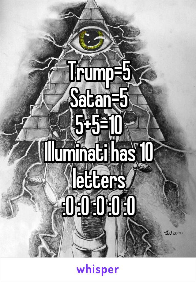 Trump=5
Satan=5
5+5=10
Illuminati has 10 letters
:O :O :O :O :O
