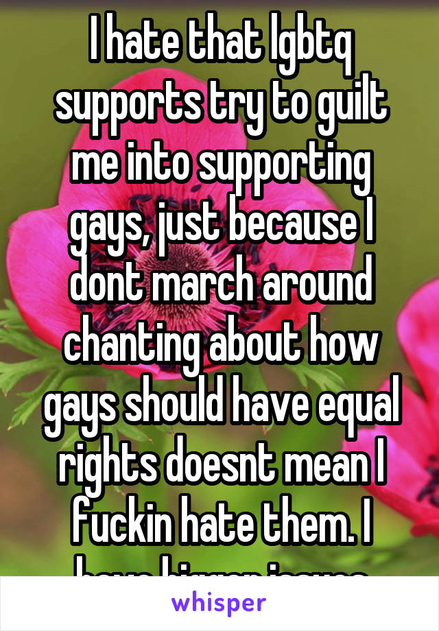 I hate that lgbtq supports try to guilt me into supporting gays, just because I dont march around chanting about how gays should have equal rights doesnt mean I fuckin hate them. I have bigger issues