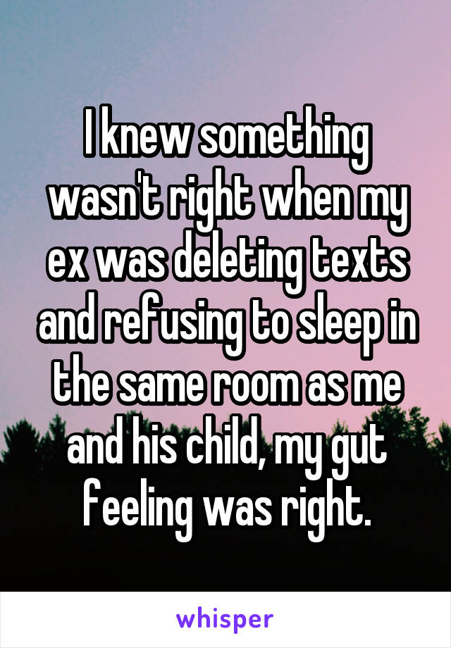 I knew something wasn't right when my ex was deleting texts and refusing to sleep in the same room as me and his child, my gut feeling was right.