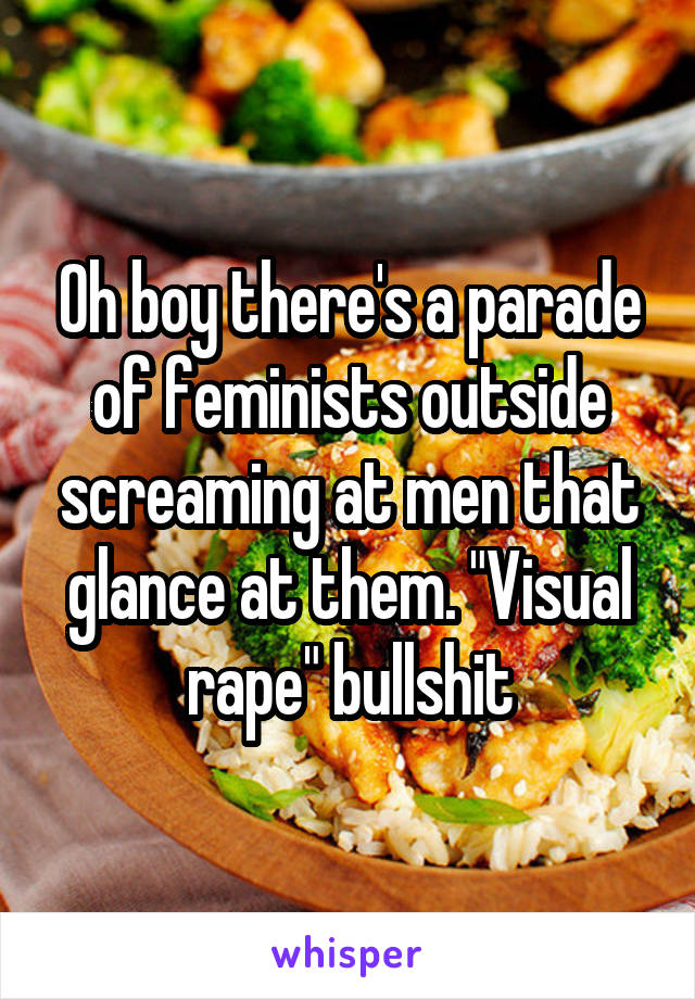 Oh boy there's a parade of feminists outside screaming at men that glance at them. "Visual rape" bullshit