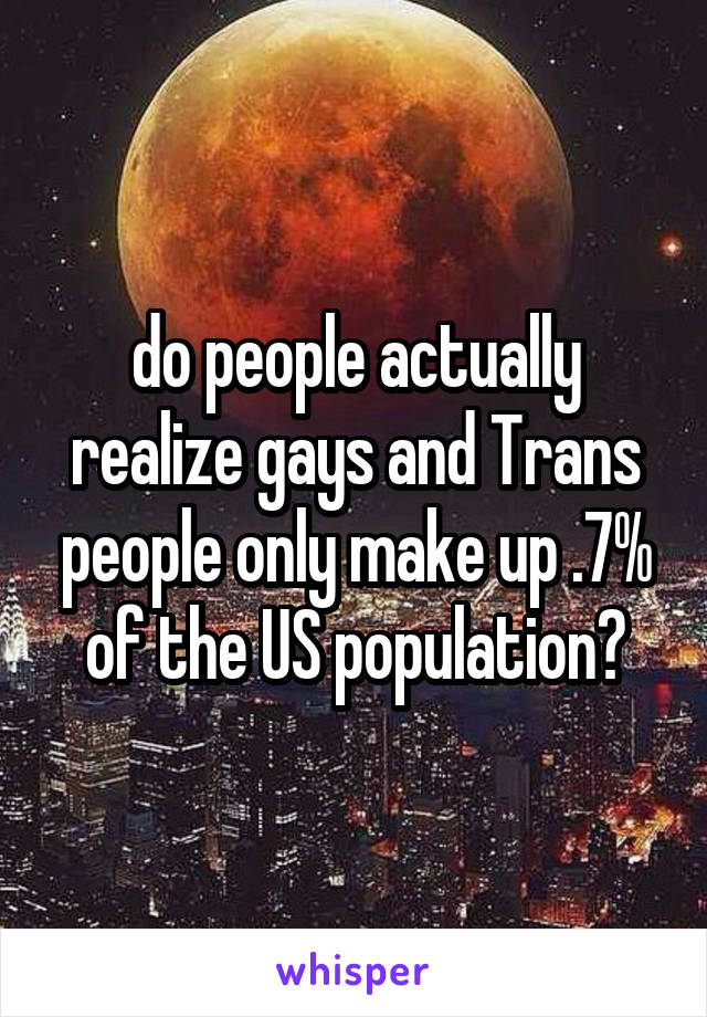 do people actually realize gays and Trans people only make up .7% of the US population?