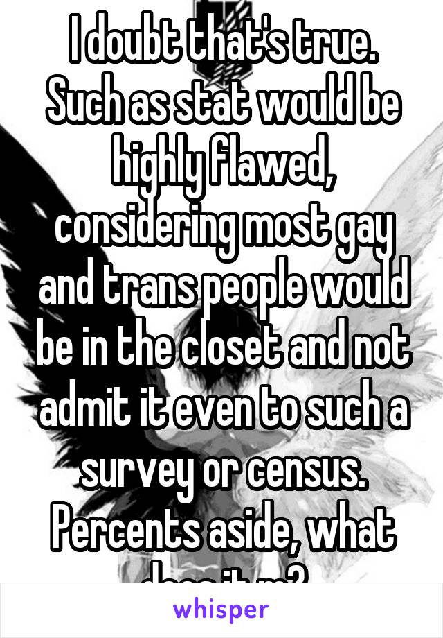I doubt that's true. Such as stat would be highly flawed, considering most gay and trans people would be in the closet and not admit it even to such a survey or census. Percents aside, what does it m?